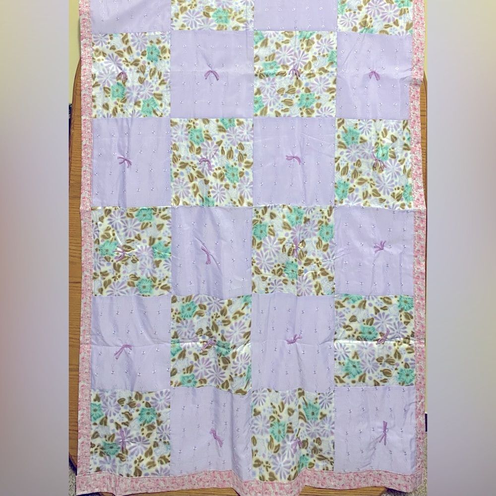 Handmade Baby Quilt Lap Blanket Purple Lavender Lilac Aqua Pink Floral 60” x 40”
